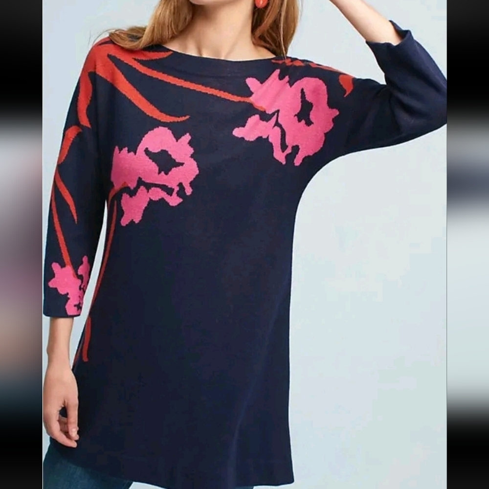 Field Flower Anthropologie Floral Tunic Sweater Dress Blue XS Cotton Silk Knit